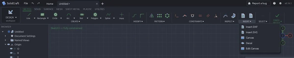 The SKETCH › INSERT menu in SolidCraft with Insert DXF, Insert SVG, Canvas, Decal and Edit Canvas