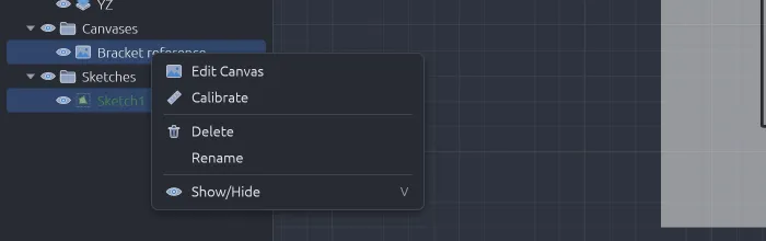Right-click menu of a canvas in SolidCraft: Edit Canvas, Calibrate, Delete, Rename, Show/Hide