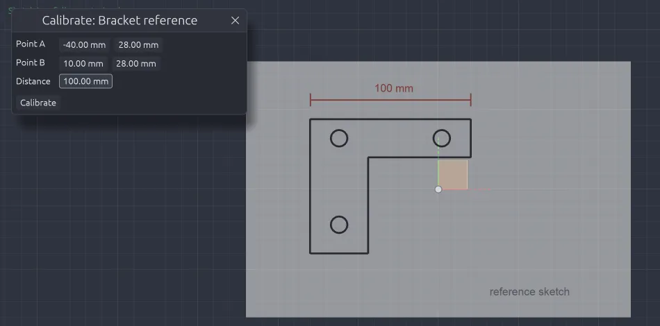 SolidCraft Calibrate Canvas dialog with Point A, Point B and Distance fields
