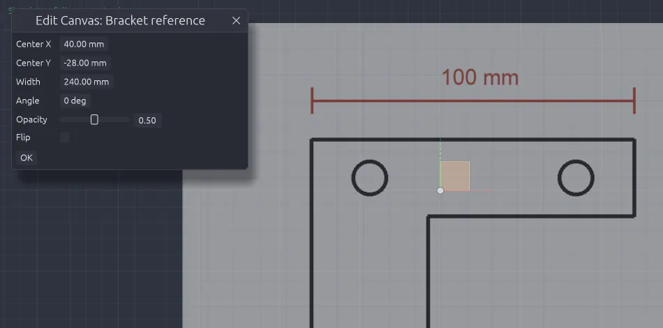 SolidCraft Edit Canvas dialog with Center X, Center Y, Width, Angle, Opacity and Flip