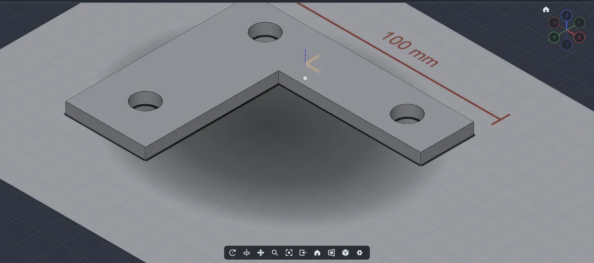 A 5 mm extruded L bracket with three holes, built by tracing a canvas image in SolidCraft